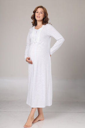 Lace Collar Maternity-Nursing Nightgown & Melange Robe Set Grey - 1021