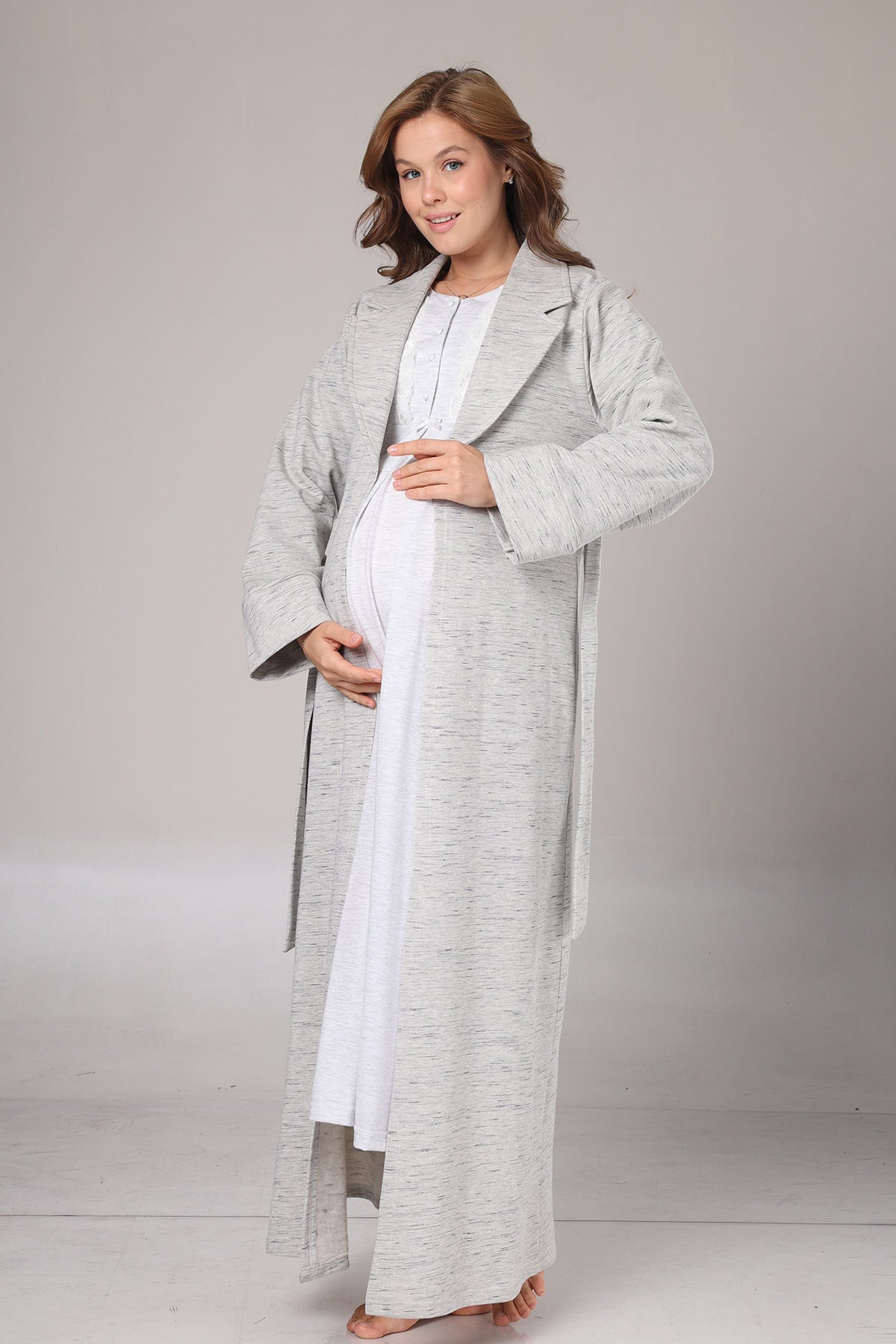 Lace Collar Maternity-Nursing Nightgown & Melange Robe Set Grey - 1021
