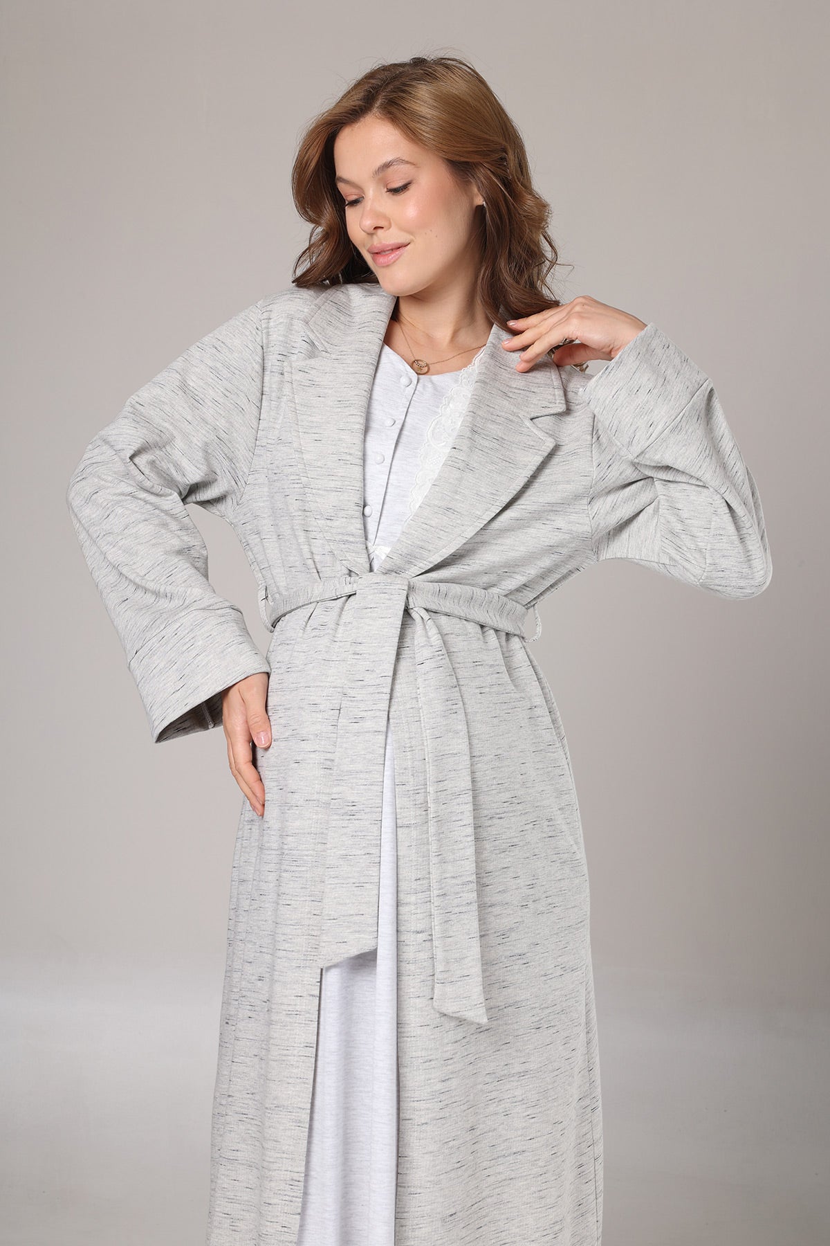 Lace Collar Maternity-Nursing Nightgown & Melange Robe Set Grey - 1021