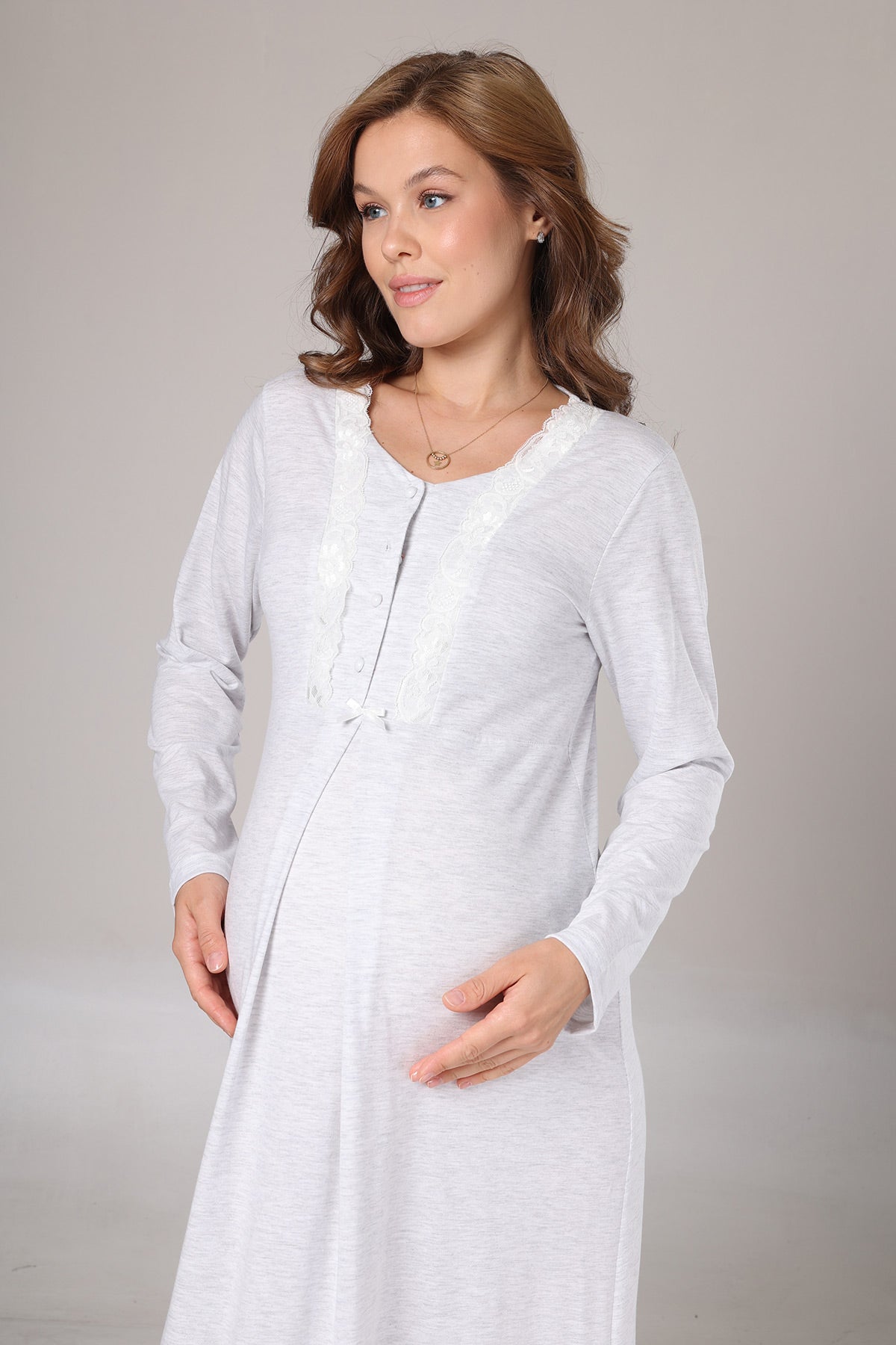 Lace Collar Maternity-Nursing Nightgown & Melange Robe Set Grey - 1021