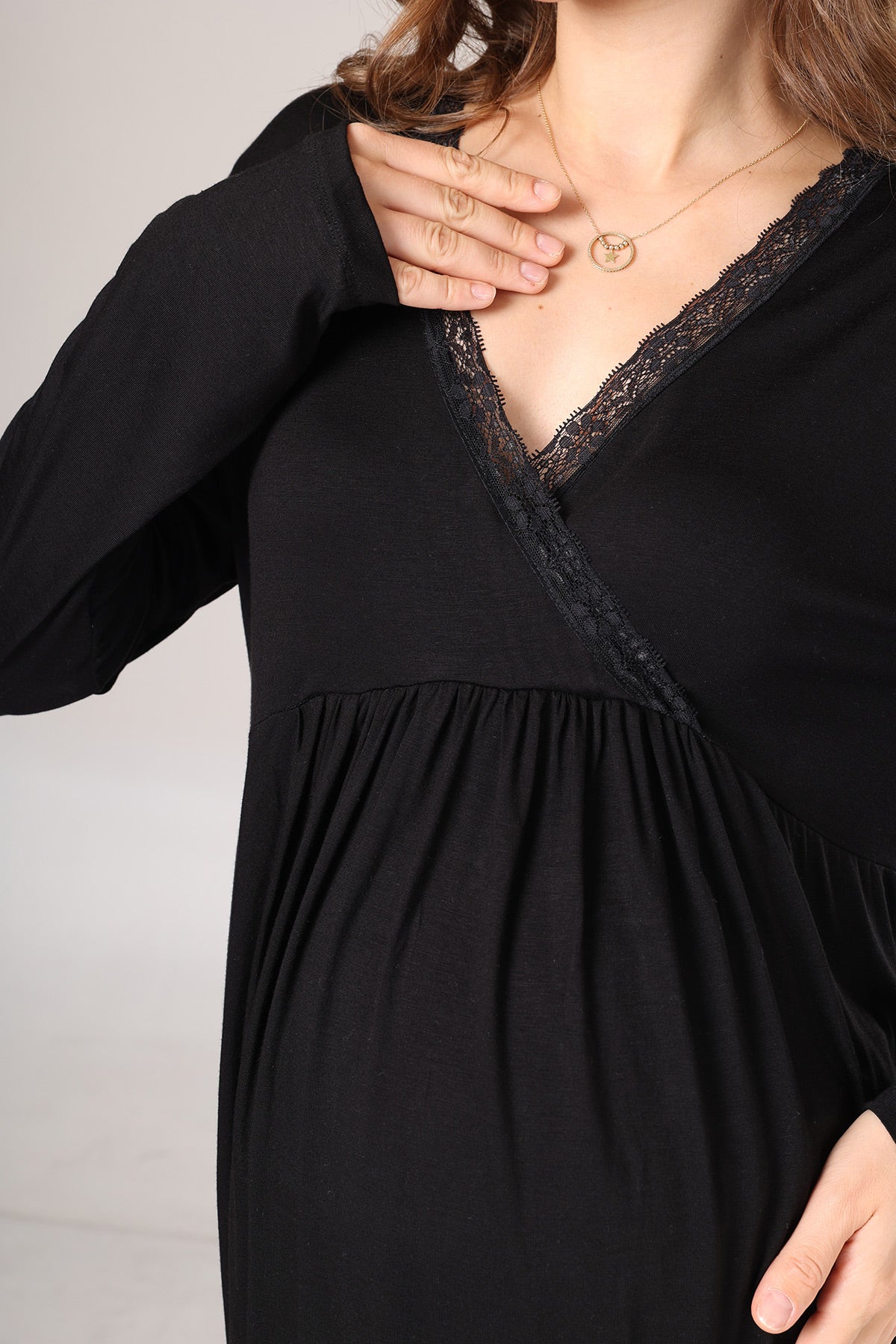 Lace Collar 3-Piece Maternity-Nursing Pajama & Lace Sleeve Robe Set Black - 1022