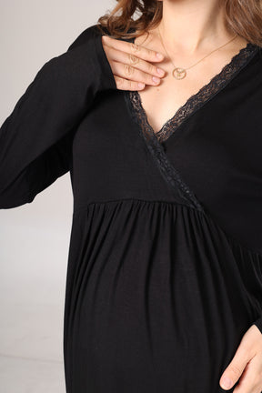 Lace Collar 3-Piece Maternity-Nursing Pajama & Lace Sleeve Robe Set Black - 1022