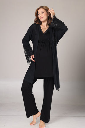 Lace Collar 3-Piece Maternity-Nursing Pajama & Lace Sleeve Robe Set Black - 1022