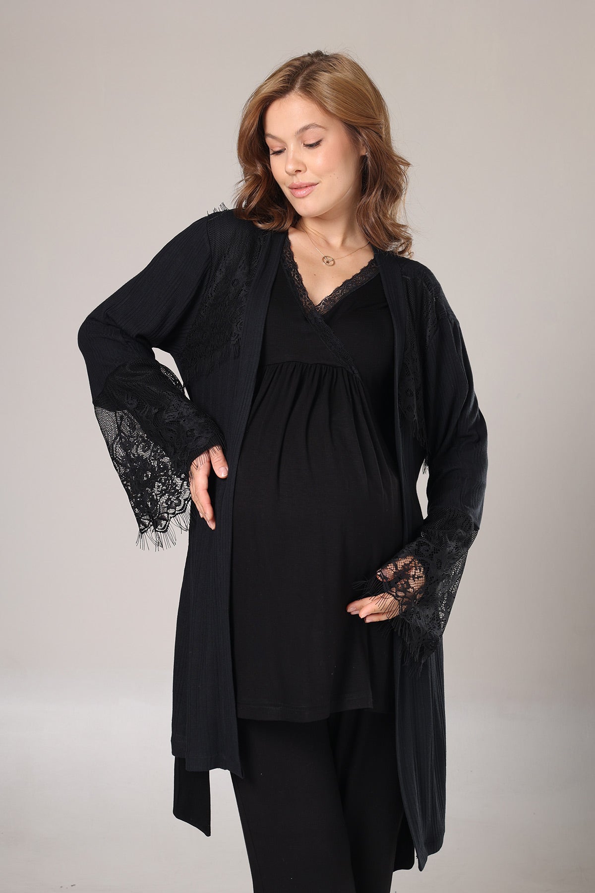 Lace Collar 3-Piece Maternity-Nursing Pajama & Lace Sleeve Robe Set Black - 1022