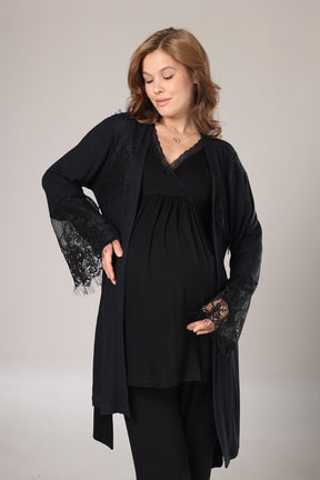 Lace Collar 3-Piece Maternity-Nursing Pajama & Lace Sleeve Robe Set Black - 1022