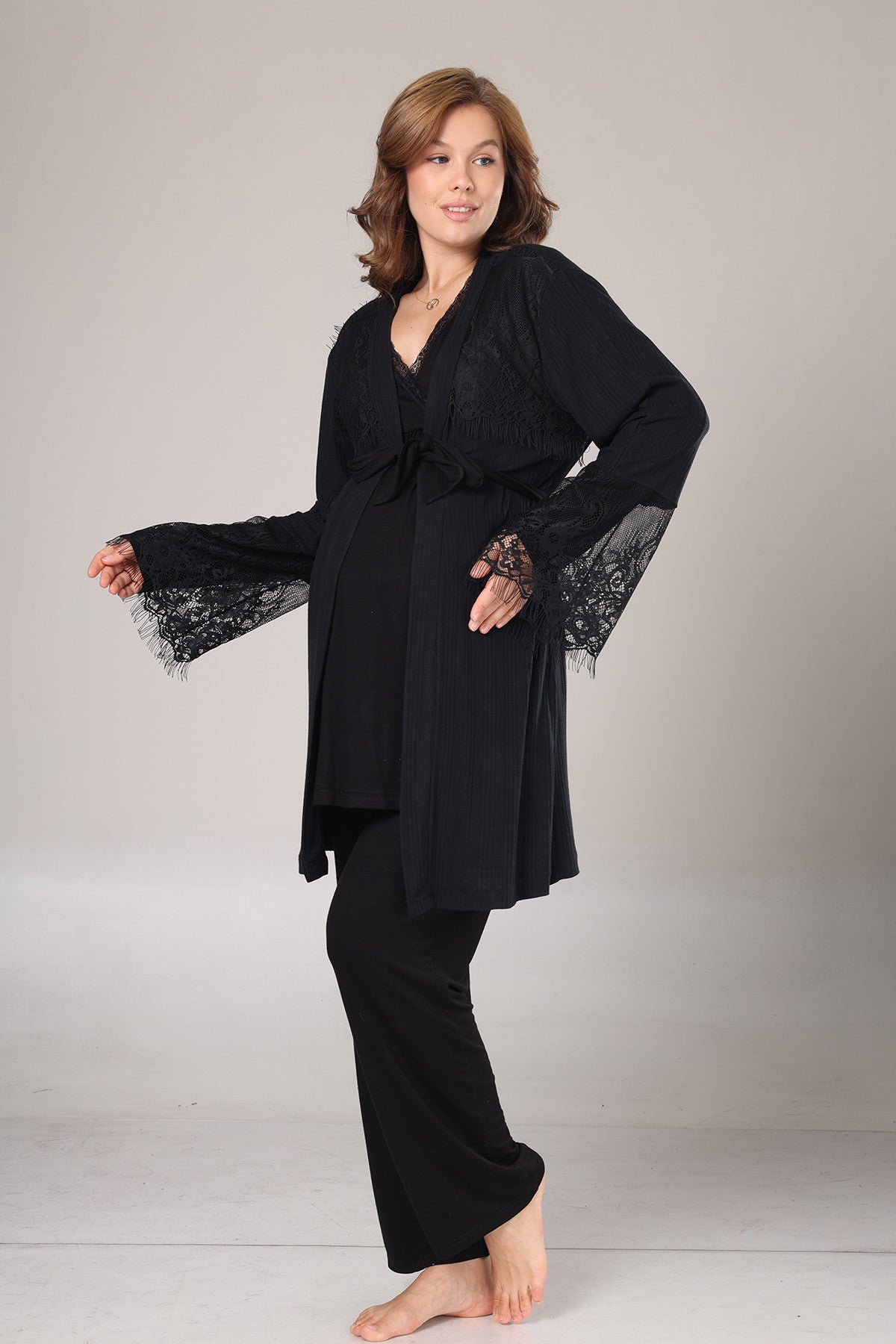 Lace Collar 3-Piece Maternity-Nursing Pajama & Lace Sleeve Robe Set Black - 1022