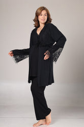 Lace Collar 3-Piece Maternity-Nursing Pajama & Lace Sleeve Robe Set Black - 1022