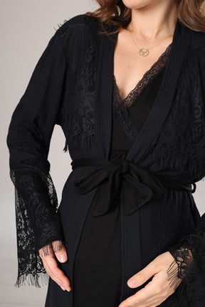 Lace Collar 3-Piece Maternity-Nursing Pajama & Lace Sleeve Robe Set Black - 1022