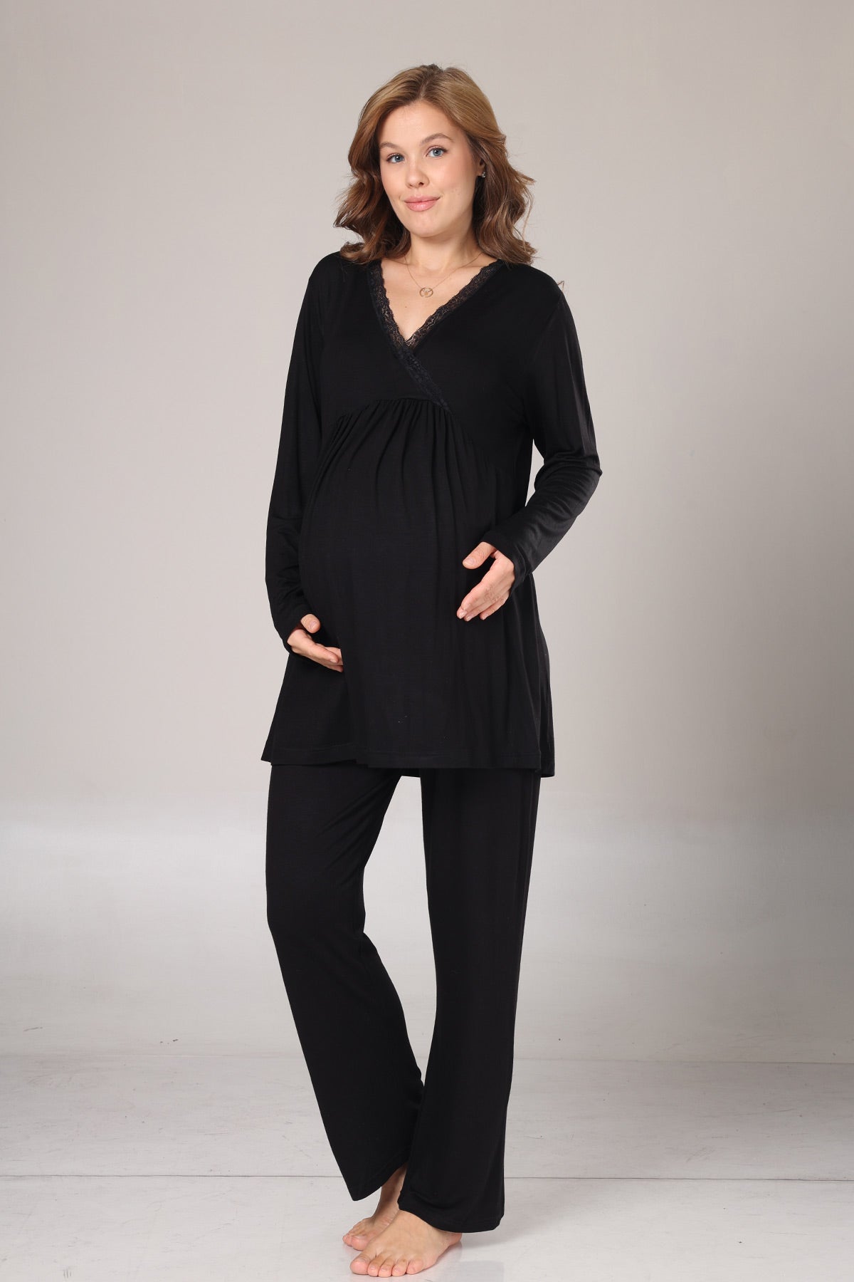 Lace Collar 3-Piece Maternity-Nursing Pajama & Lace Sleeve Robe Set Black - 1022