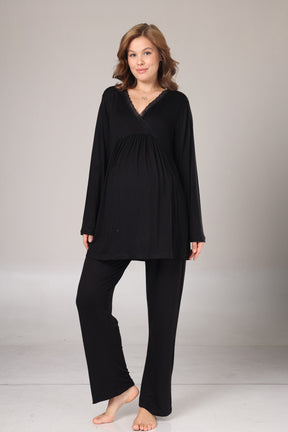 Lace Collar 3-Piece Maternity-Nursing Pajama & Lace Sleeve Robe Set Black - 1022