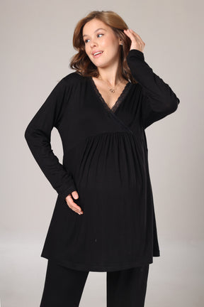 Lace Collar 3-Piece Maternity-Nursing Pajama & Lace Sleeve Robe Set Black - 1022