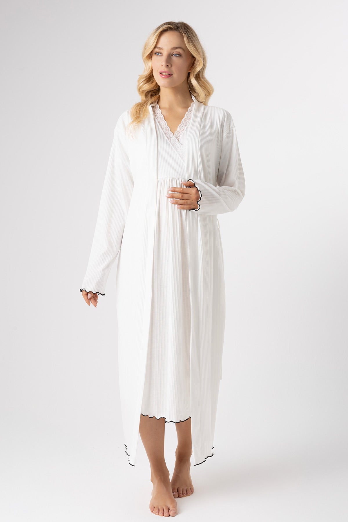 Lace Collar Maternity-Nursing Nightgown & Ribbed Stripe Robe Set Ecru - 1022