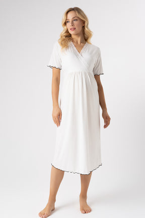 Ribbed Stripe Lace Collar 4-Piece Maternity-Nursing Set Ecru - 1026