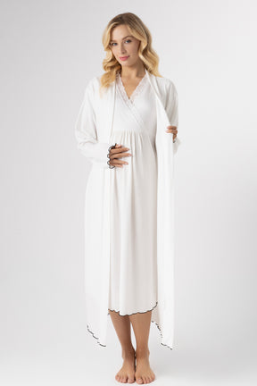Ribbed Stripe Lace Collar 4-Piece Maternity-Nursing Set Ecru - 1026