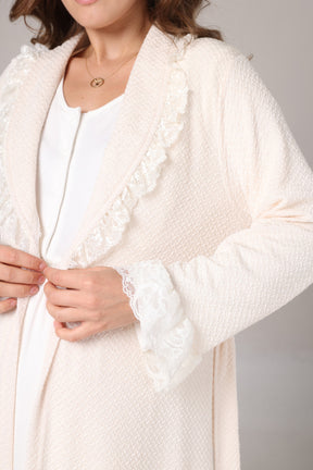 Lace Detailed Maternity-Nursing Nightgown & Jacquard Robe Set Ecru - 1023