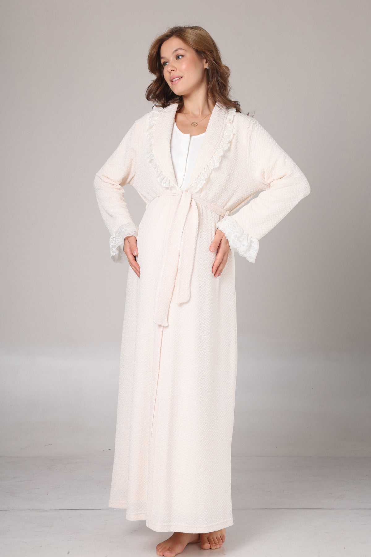 Lace Detailed Maternity-Nursing Nightgown & Jacquard Robe Set Ecru - 1023