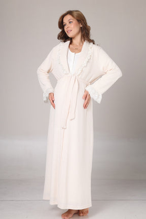 Lace Detailed Maternity-Nursing Nightgown & Jacquard Robe Set Ecru - 1023
