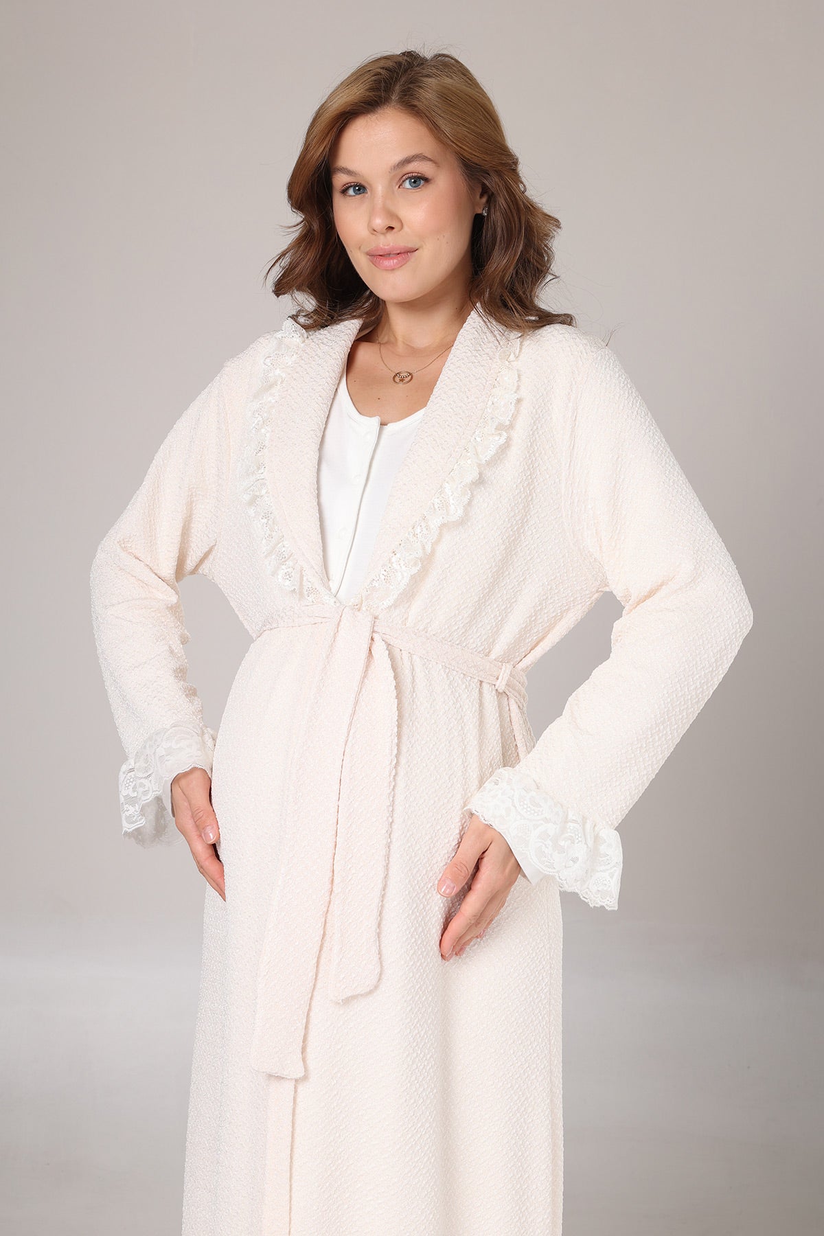 Lace Detailed Maternity-Nursing Nightgown & Jacquard Robe Set Ecru - 1023