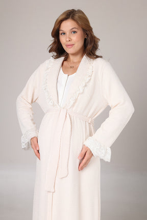Lace Detailed Maternity-Nursing Nightgown & Jacquard Robe Set Ecru - 1023