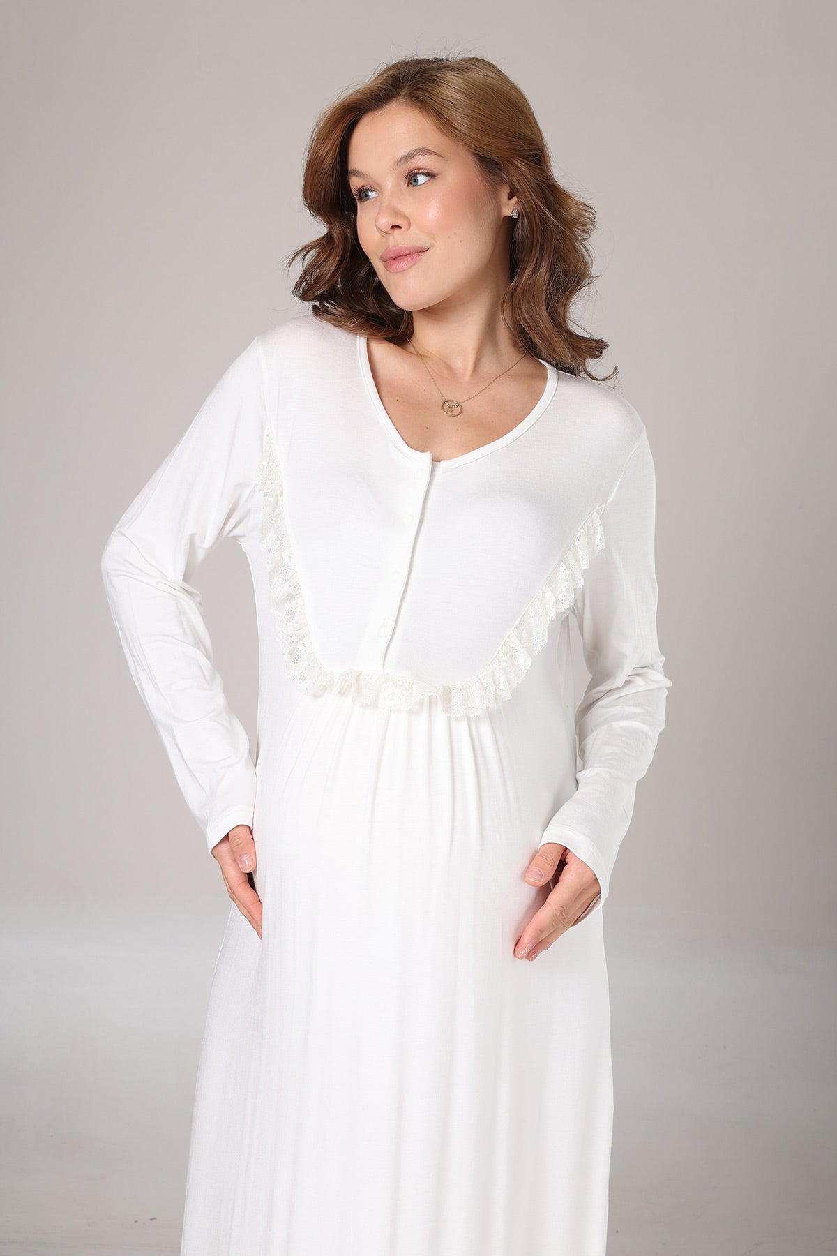 Lace Detailed Maternity-Nursing Nightgown & Jacquard Robe Set Ecru - 1023