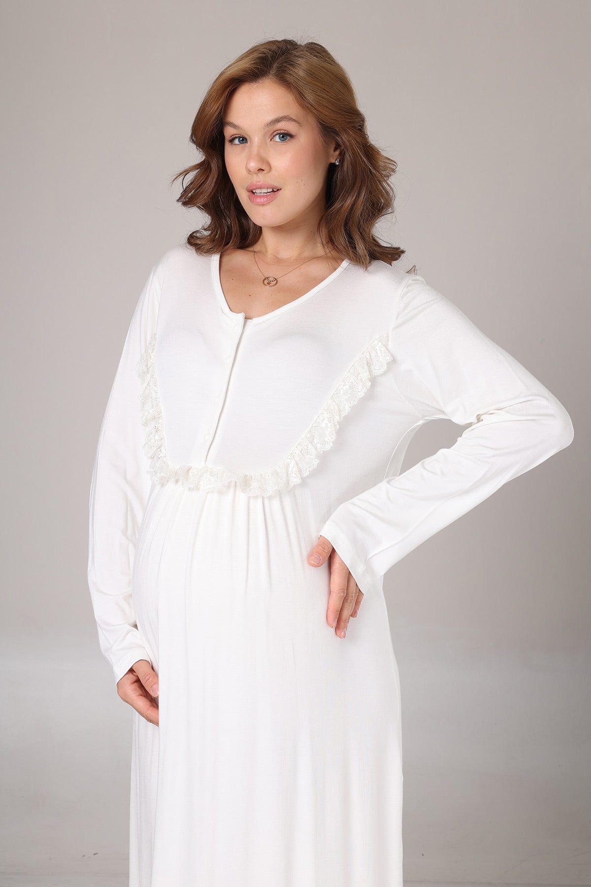 Lace Detailed Maternity-Nursing Nightgown & Jacquard Robe Set Ecru - 1023