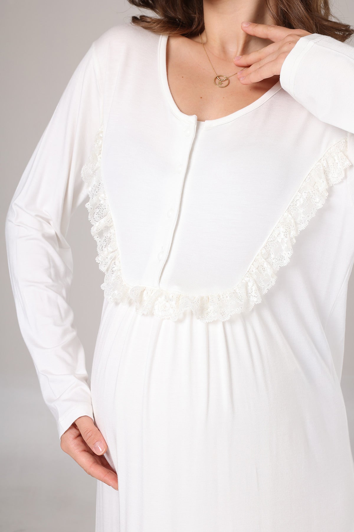 Lace Detailed Maternity-Nursing Nightgown & Jacquard Robe Set Ecru - 1023