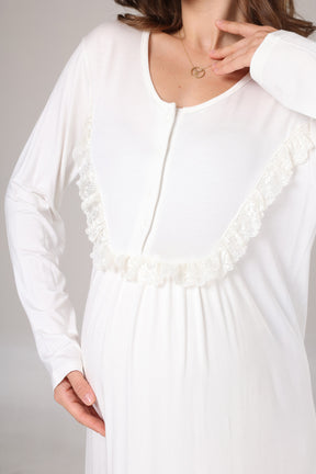 Lace Detailed Maternity-Nursing Nightgown & Jacquard Robe Set Ecru - 1023