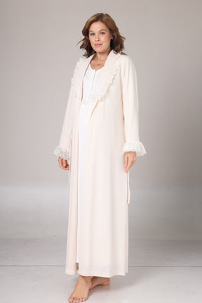 Lace Detailed Maternity-Nursing Nightgown & Jacquard Robe Set Ecru - 1023