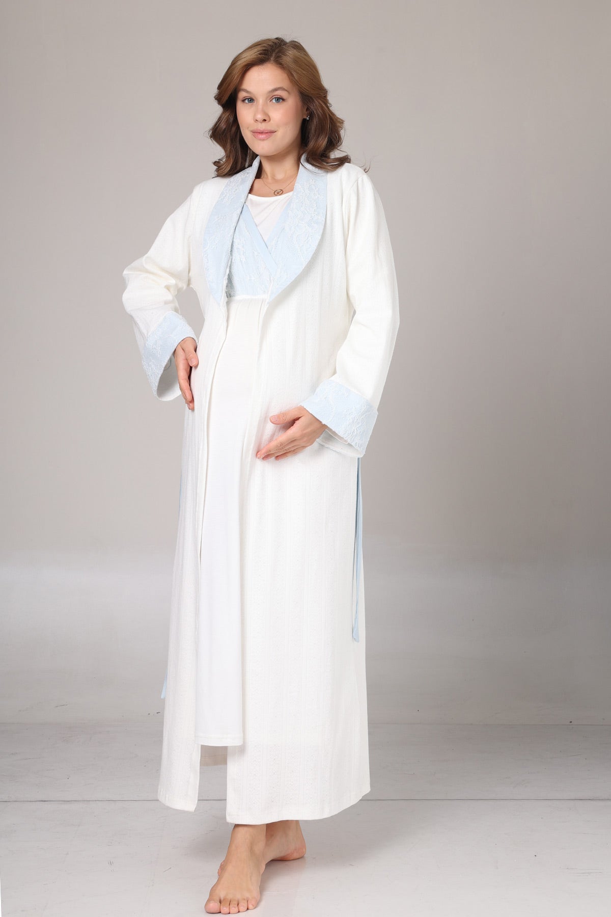 Blue Lacy Maternity-Nursing Nightgown & Jacquard Robe Set Blue - 1024
