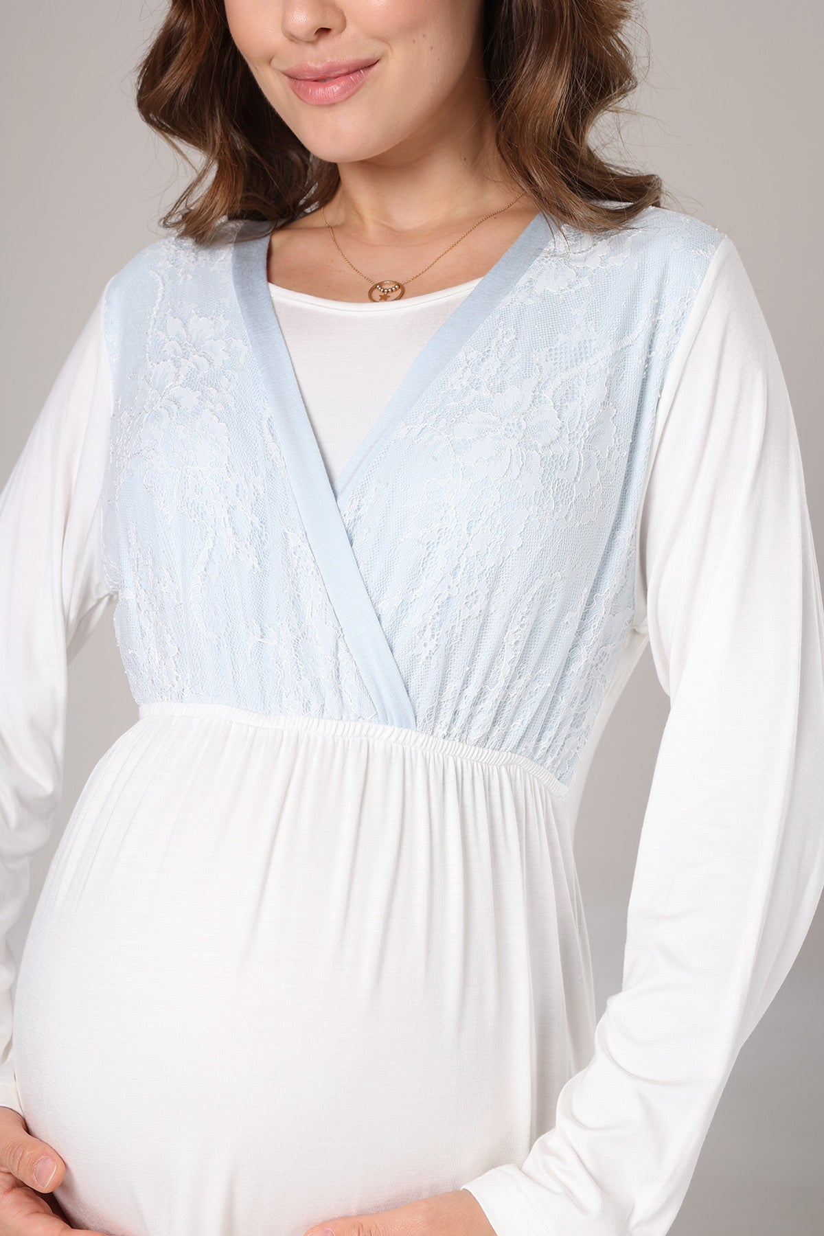 Blue Lacy Maternity-Nursing Nightgown & Jacquard Robe Set Blue - 1024