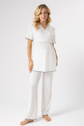 Lace Collar Maternity & Nursing Pajama Set Ecru - 1024