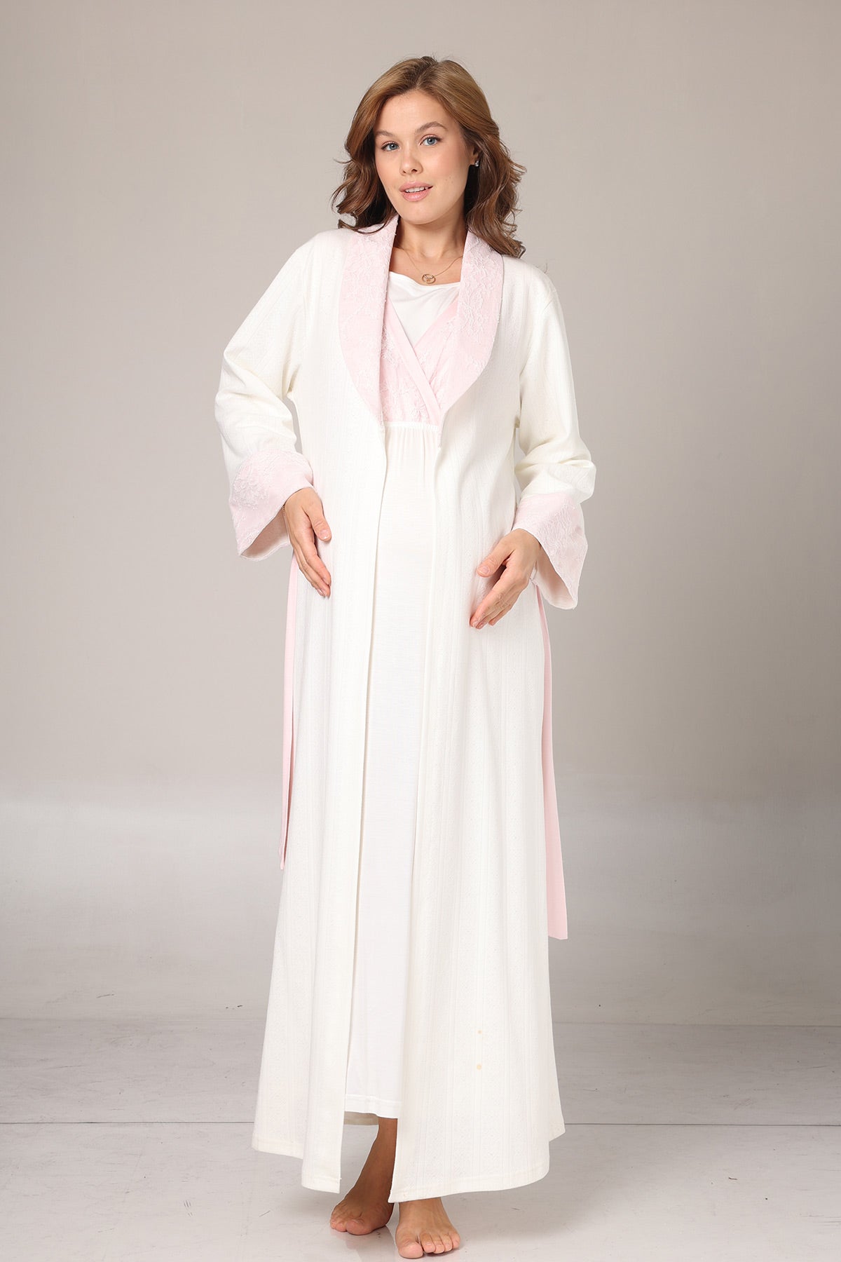 Pink Lacy Maternity-Nursing Nightgown & Jacquard Robe Set Pink - 1025