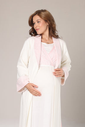 Pink Lacy Maternity-Nursing Nightgown & Jacquard Robe Set Pink - 1025