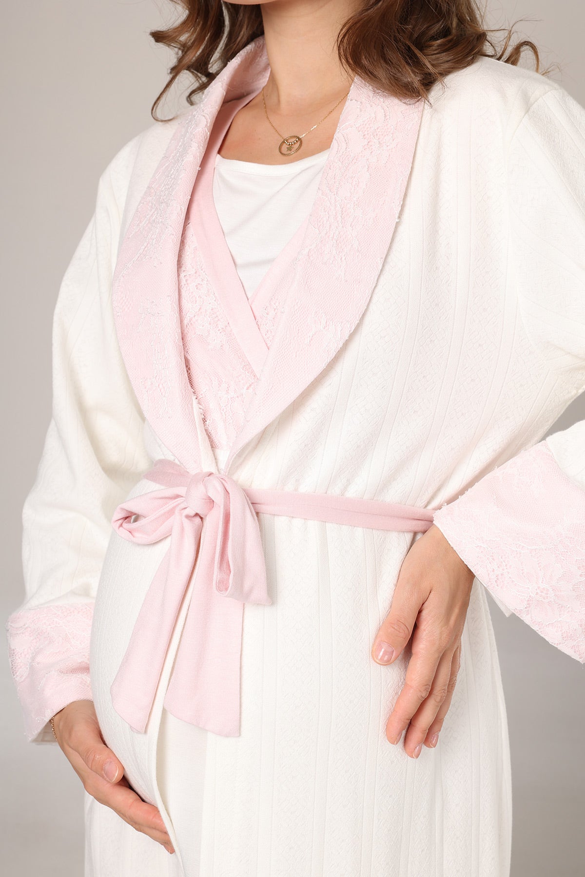 Pink Lacy Maternity-Nursing Nightgown & Jacquard Robe Set Pink - 1025