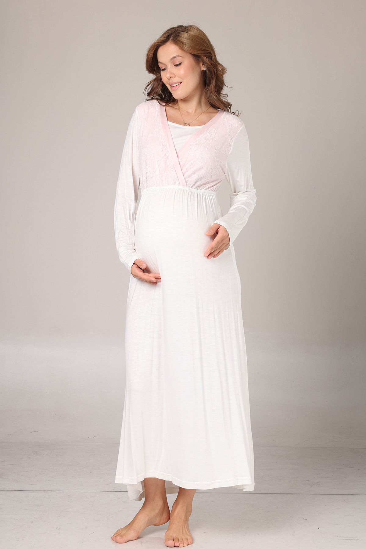 Pink Lacy Maternity-Nursing Nightgown & Jacquard Robe Set Pink - 1025