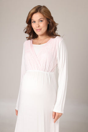 Pink Lacy Maternity-Nursing Nightgown & Jacquard Robe Set Pink - 1025
