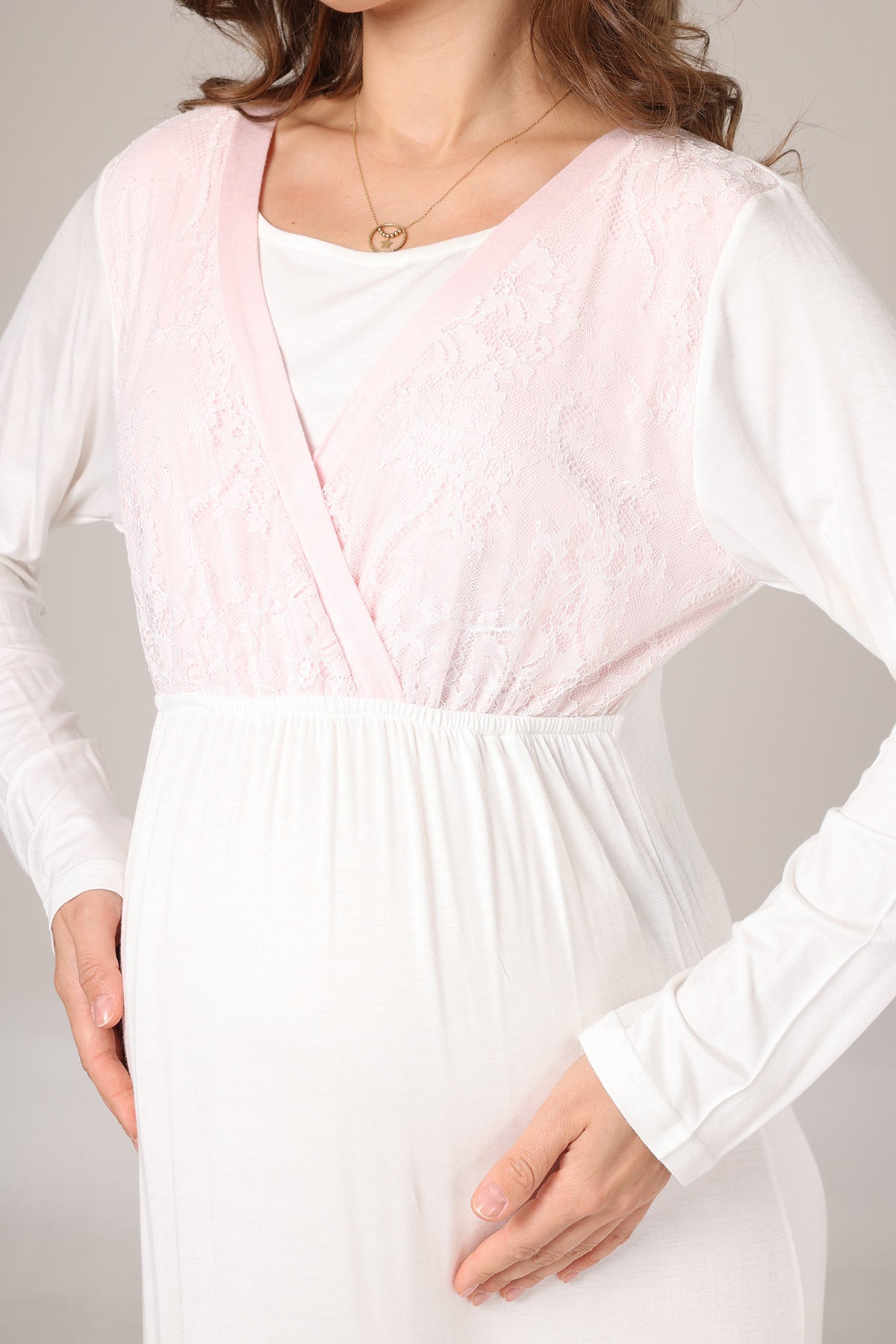 Pink Lacy Maternity-Nursing Nightgown & Jacquard Robe Set Pink - 1025