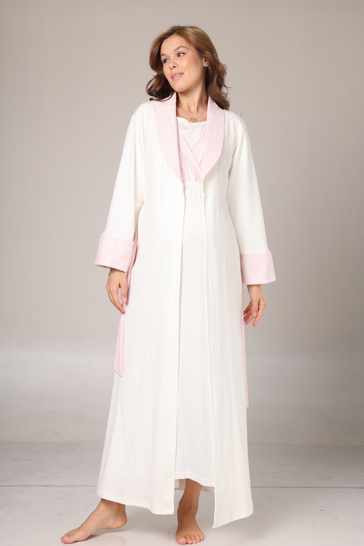 Pink Lacy Maternity-Nursing Nightgown & Jacquard Robe Set Pink - 1025