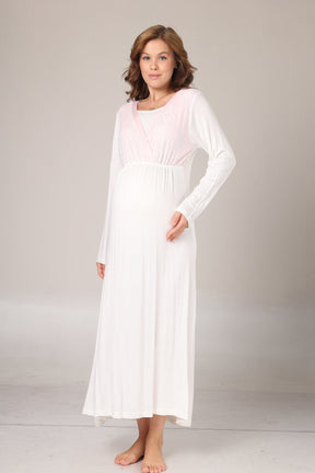 Pink Lacy Maternity-Nursing Nightgown & Jacquard Robe Set Pink - 1025
