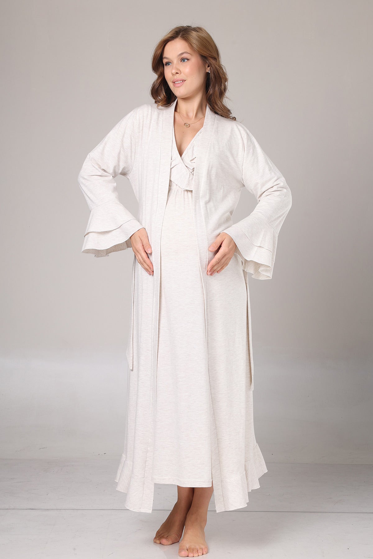 Pleated Collar Maternity-Nursing Nightgown & Flywheel Arm Robe Set Beige - 1026