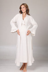 Pleated Collar Maternity-Nursing Nightgown & Flywheel Arm Robe Set Beige - 1026