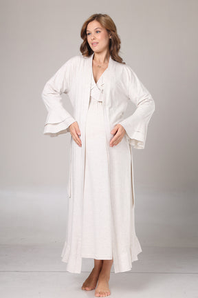 Pleated Collar Maternity-Nursing Nightgown & Flywheel Arm Robe Set Beige - 1026