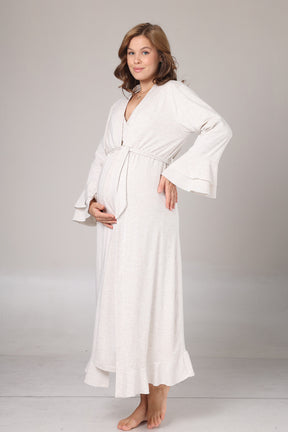 Pleated Collar Maternity-Nursing Nightgown & Flywheel Arm Robe Set Beige - 1026
