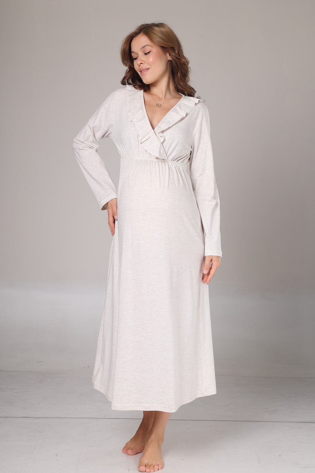 Pleated Collar Maternity-Nursing Nightgown & Flywheel Arm Robe Set Beige - 1026