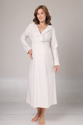 Pleated Collar Maternity-Nursing Nightgown & Flywheel Arm Robe Set Beige - 1026