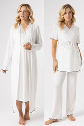 Ribbed Stripe Lace Collar 4-Piece Maternity-Nursing Set Ecru - 1026