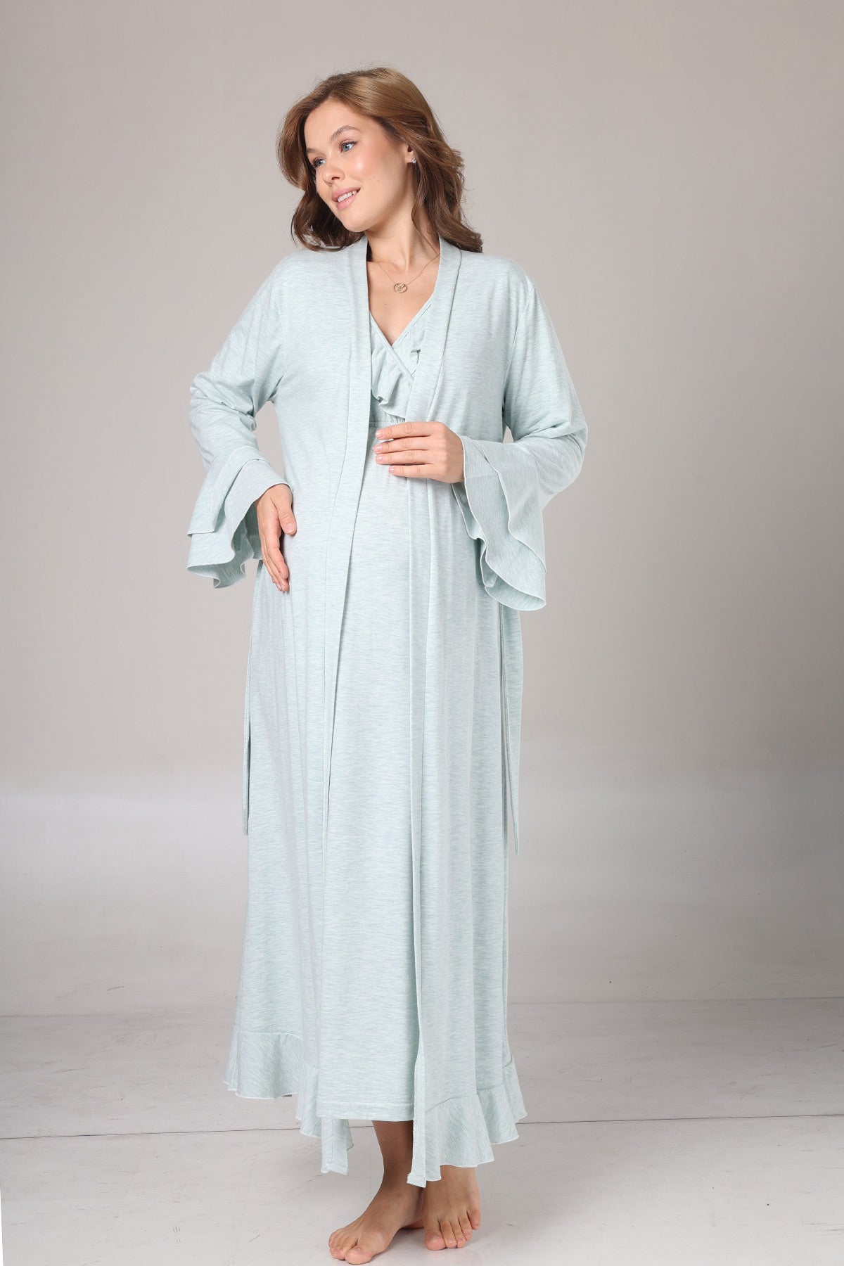 Pleated Collar Maternity-Nursing Nightgown & Flywheel Arm Robe Set Green - 1027