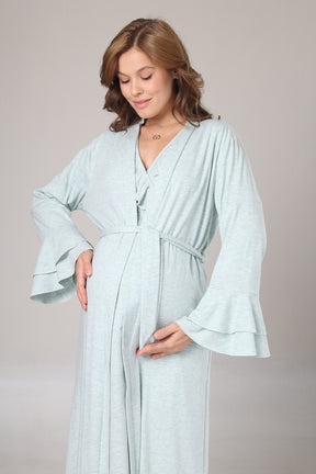 Pleated Collar Maternity-Nursing Nightgown & Flywheel Arm Robe Set Green - 1027
