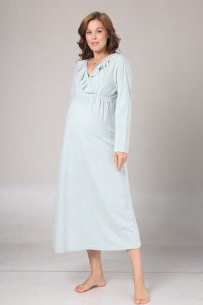 Pleated Collar Maternity-Nursing Nightgown & Flywheel Arm Robe Set Green - 1027