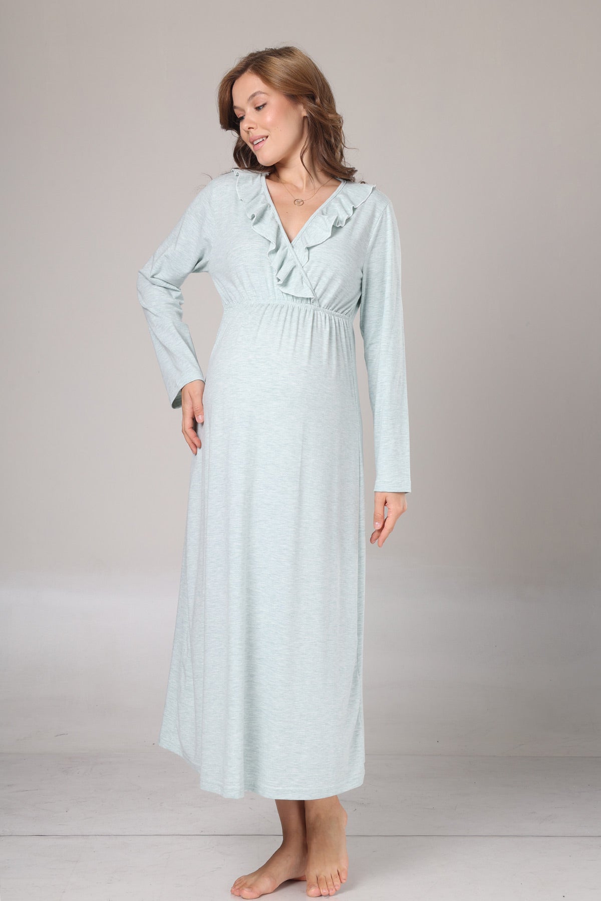 Pleated Collar Maternity-Nursing Nightgown & Flywheel Arm Robe Set Green - 1027